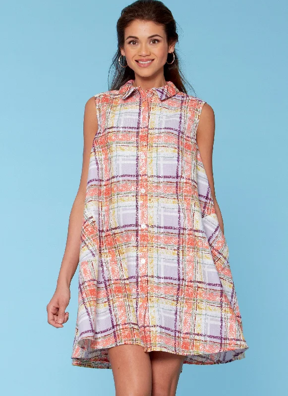 M7565 Misses' Shirtdresses with Sleeve Options, and Belt Striped Shirt Dress