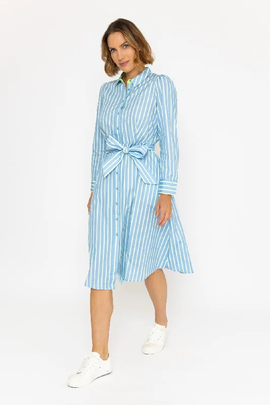 Midi Blue Striped Shirt Dress Classic A-line Skirt