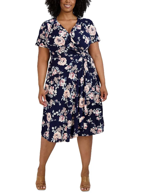 Plus Womens Floral Print Midi Wrap Dress Embroidered Midi Skirt