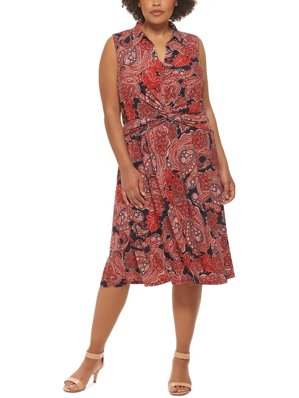 Plus Womens Paisley Print Twist Front Midi Dress Flared Midi Skirt