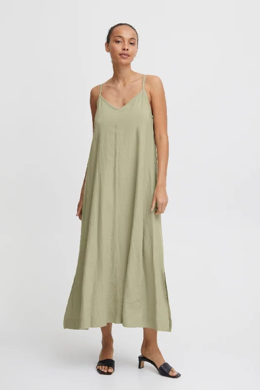 Sage Green Linen Midi Dress Ruffled Floral Skirt