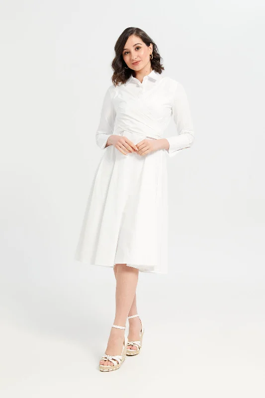 Women White Plain Knee Length Shirt Dress Shirt Dress Party